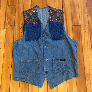 Vintage Blue Denim Vest with Multicolor Sequin Yoke and Blue Fringe - SMALL